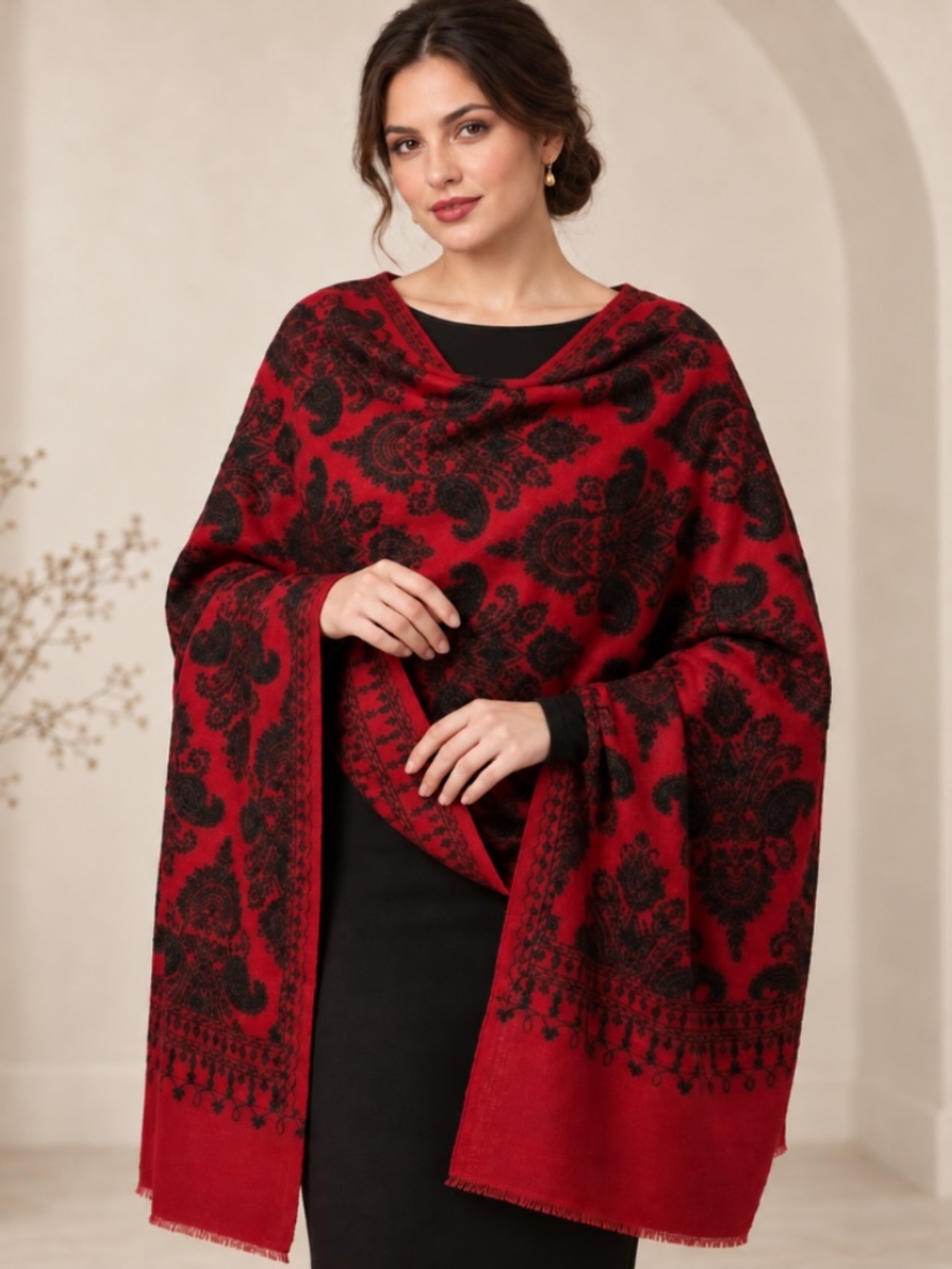 NEW Pashmina Blend Oversized Shawl Wrap, Black/Red, 40"x80" - Picture 3 of 9